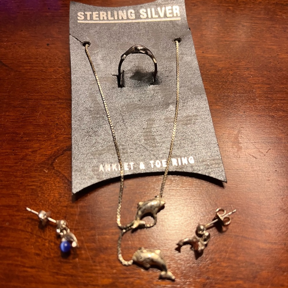 Sterling Silver Dolphin earrings, Toe Ring and Anklet.